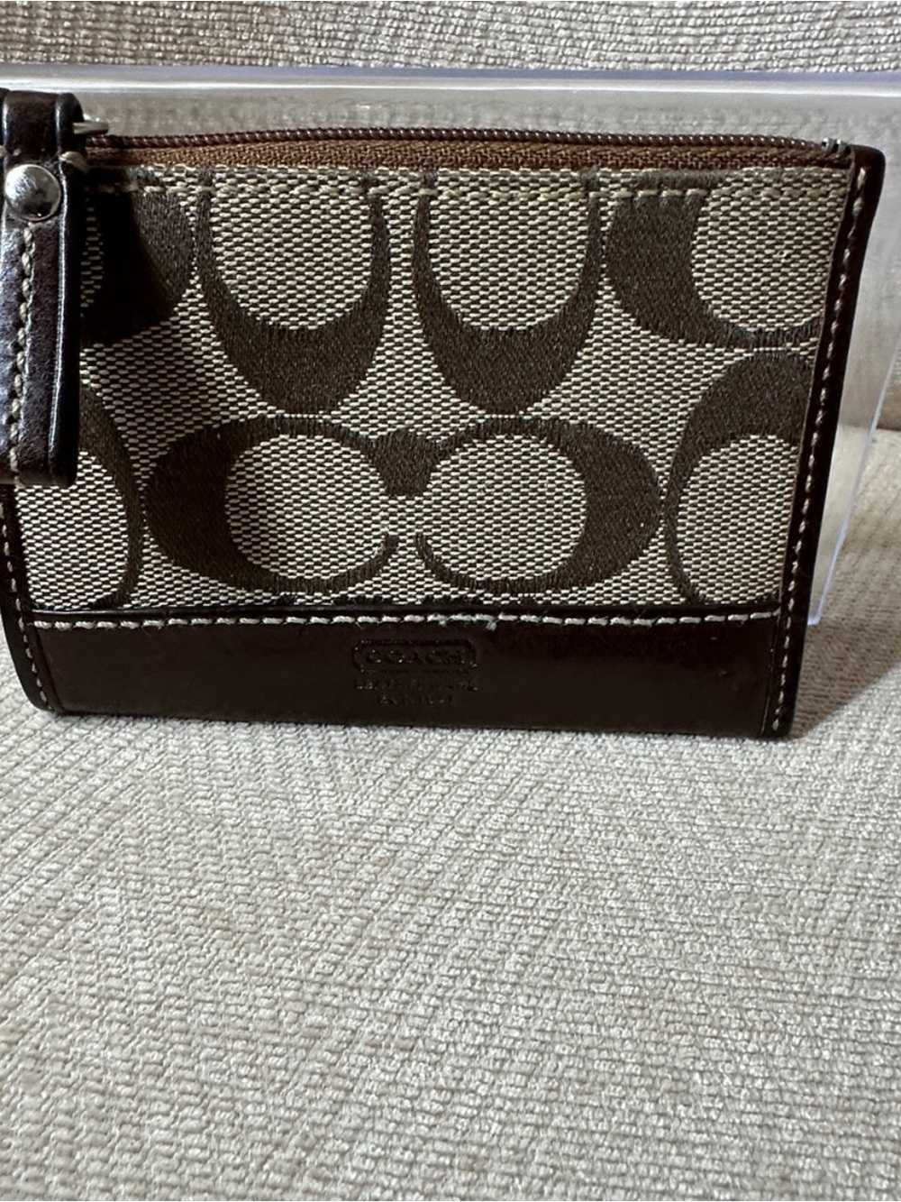 Coach Signature Key Pouch in Brown and Cream